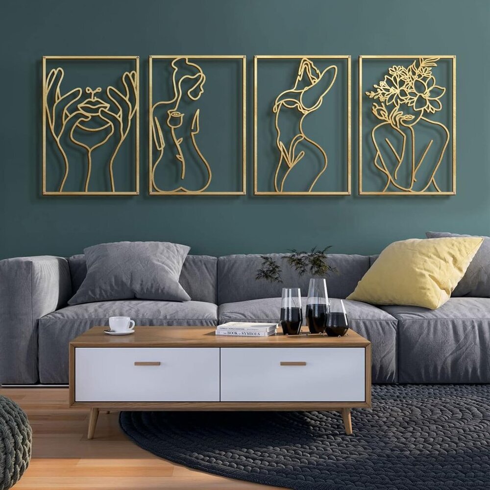 4 Pack Gold Wall Art Decor, Minimalist Single Line Real Metal Wall Art, Woman's